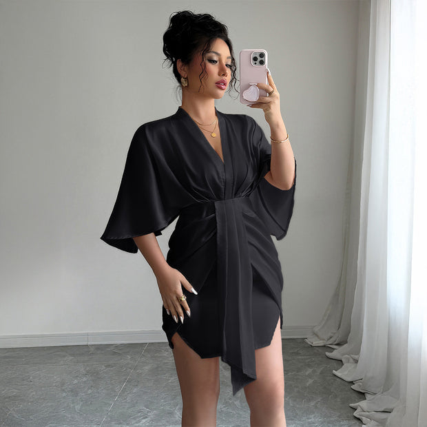 Minimalist style deep V-waist waist wide sleeve hip hugging skirt dress
