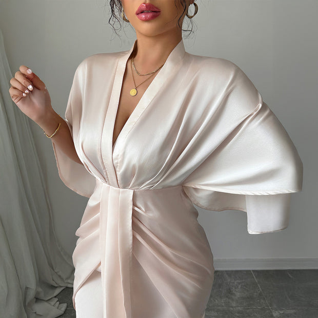 Minimalist style deep V-waist waist wide sleeve hip hugging skirt dress