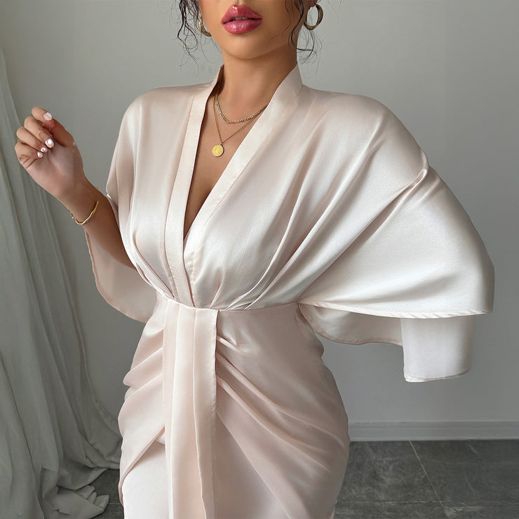 Minimalist style deep V-waist waist wide sleeve hip hugging skirt dress