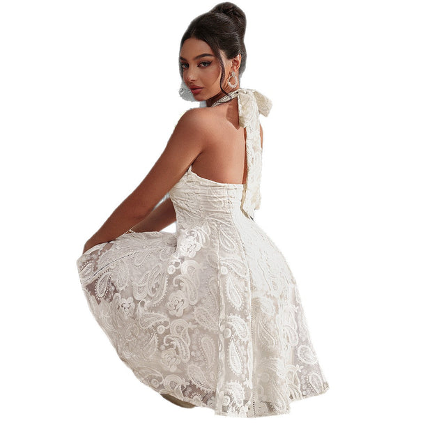 Hanging neck mesh half body skirt dress