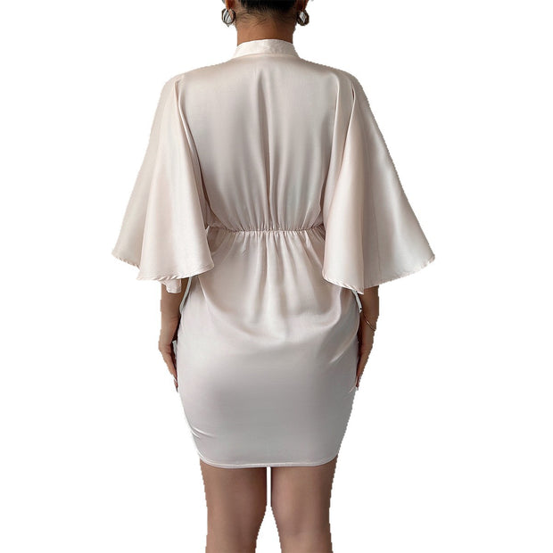 Minimalist style deep V-waist waist wide sleeve hip hugging skirt dress