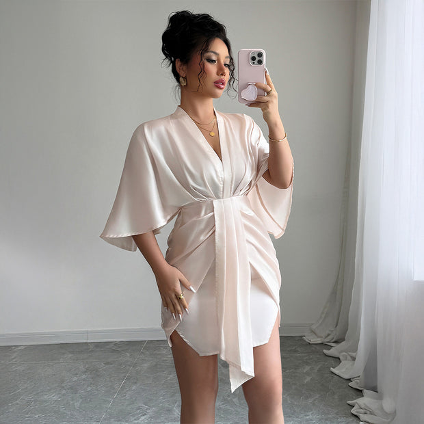 Minimalist style deep V-waist waist wide sleeve hip hugging skirt dress