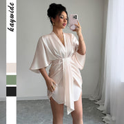 Minimalist style deep V-waist waist wide sleeve hip hugging skirt dress