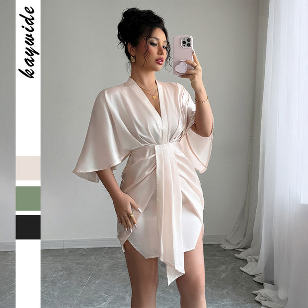 Minimalist style deep V-waist waist wide sleeve hip hugging skirt dress