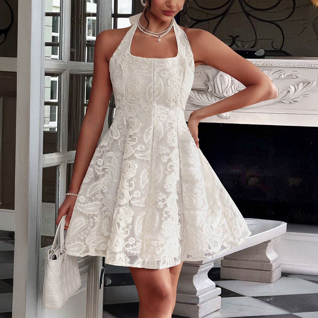 Hanging neck mesh half body skirt dress
