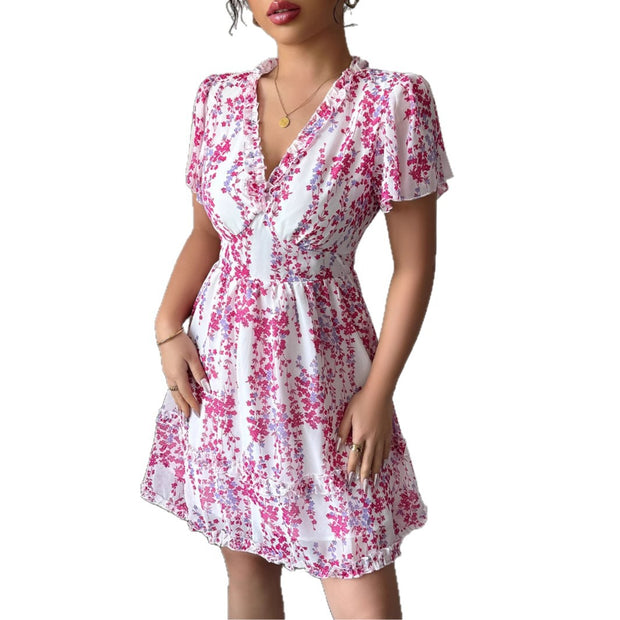 Simple deep V-floral dress dress
