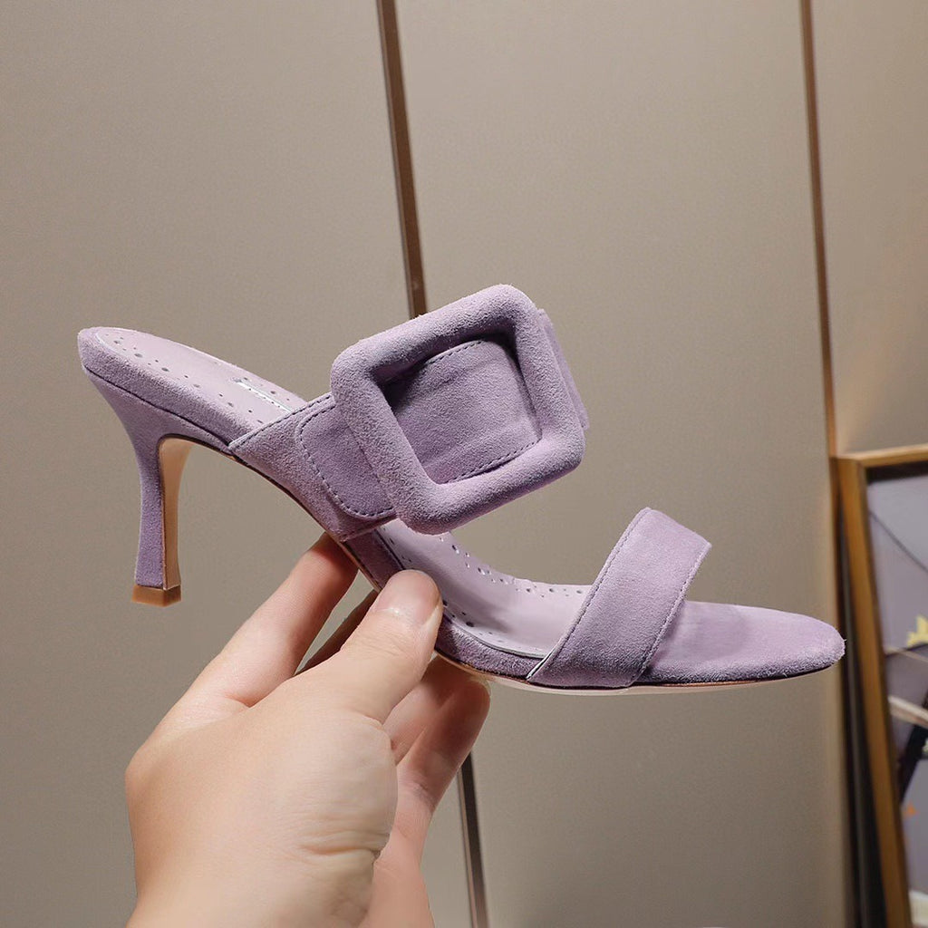 Square buckle high-heeled slippers with a straight line strap and a cool drag thin heel