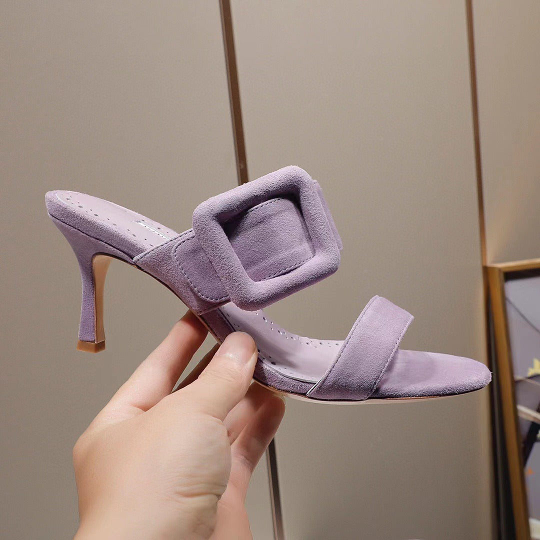 Square buckle high-heeled slippers with a straight line strap and a cool drag thin heel