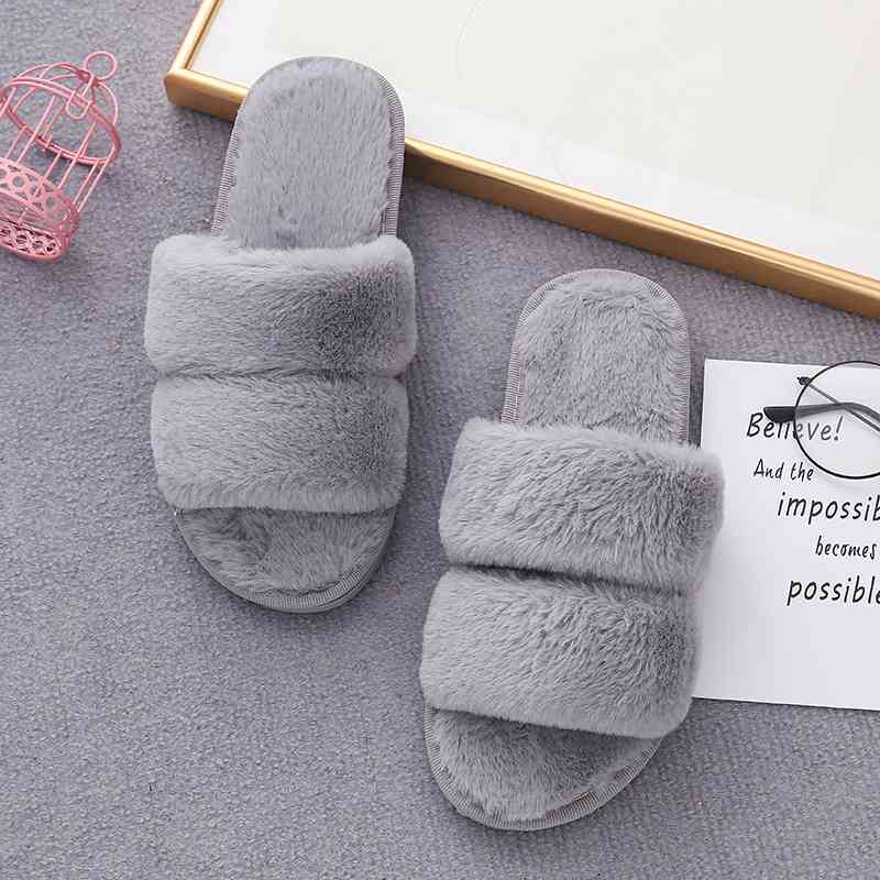 Faux Fur Double Strap Slippers