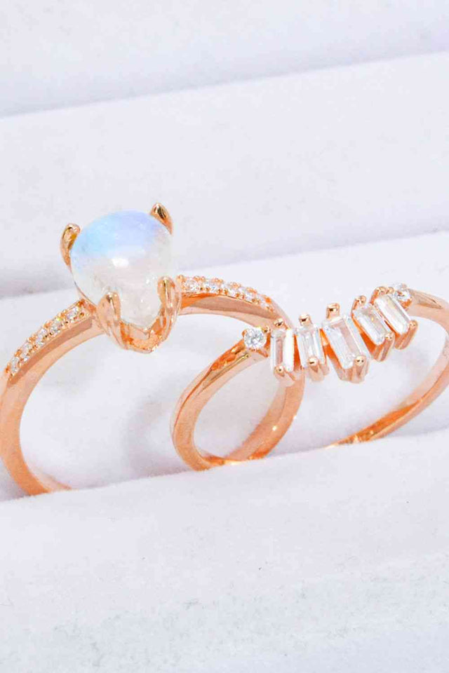 Natural Moonstone and Zircon 18K Rose Gold-Plated Two-Piece Ring Set